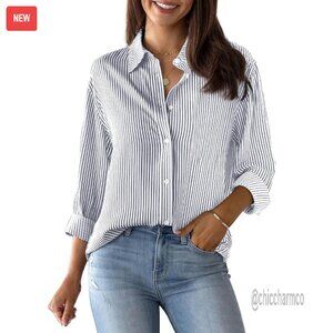 Women's Long Sleeve Button Down Shirt Cotton Striped Office Blouse